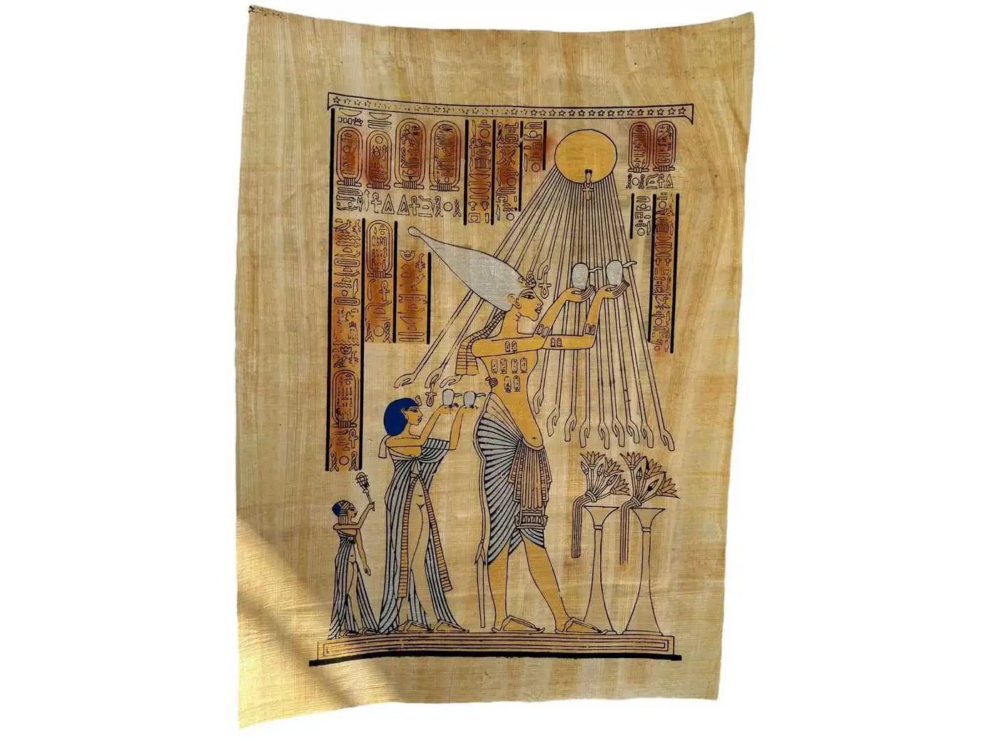 King Akhenaten, The Sacred Sun Ritual Papyrus Painting - Akhenaton and Wife Nefertiti The Aten Ritual