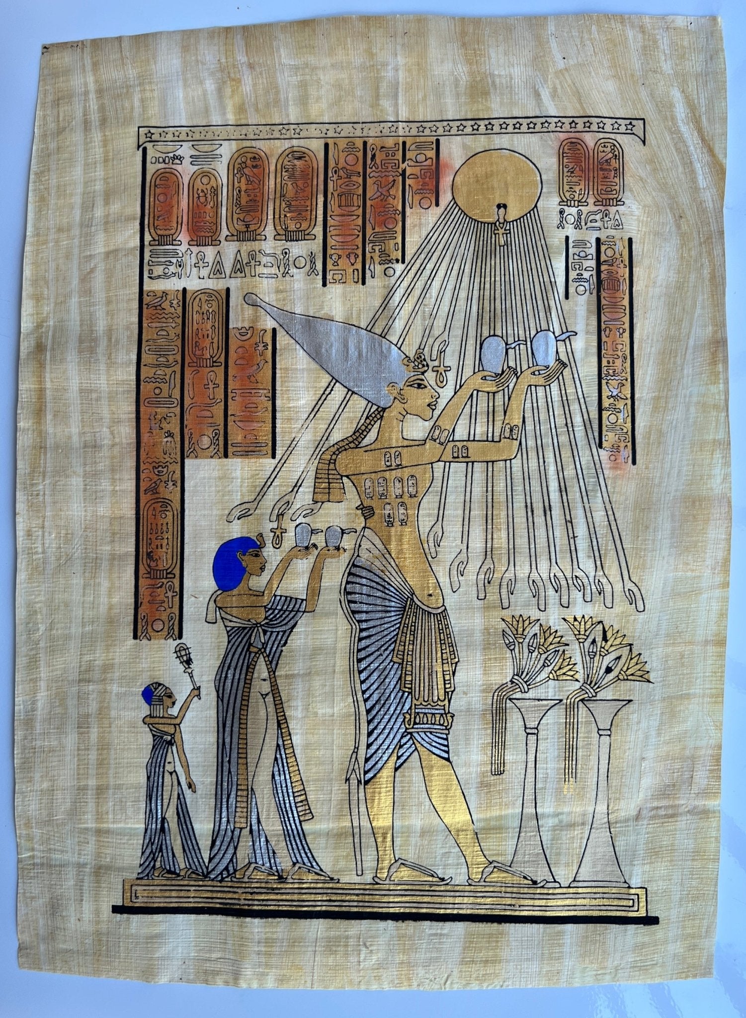 King Akhenaten, The Sacred Sun Ritual Papyrus Painting - Akhenaton and Wife Nefertiti The Aten Ritual