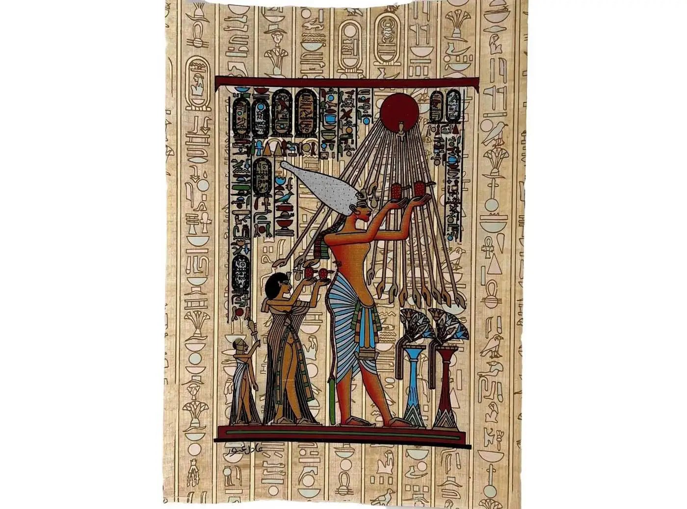 The Sacred Sun Ritual Of King Akhenaten Papyrus Painting - Akhenaton and Wife Nefertiti The Aten Ritual