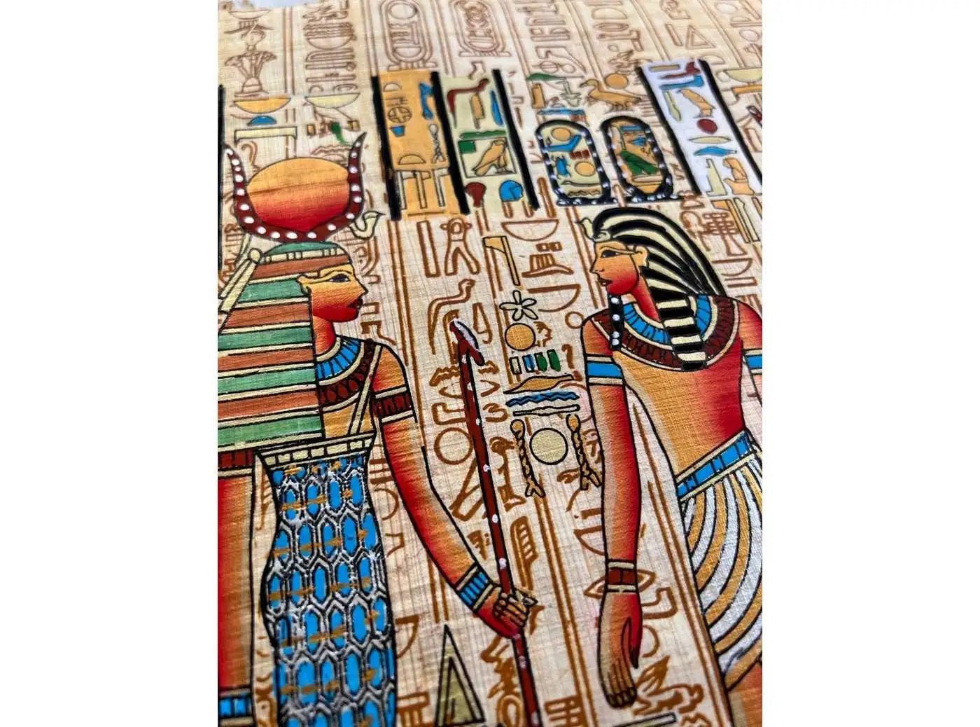 Tutankhamun Offering to Horus - King Tut Before Hathor - Hieroglyphs Papyrus - Ancient Egyptian Wall Art - Gift For Kemetic - 17x13 Inches