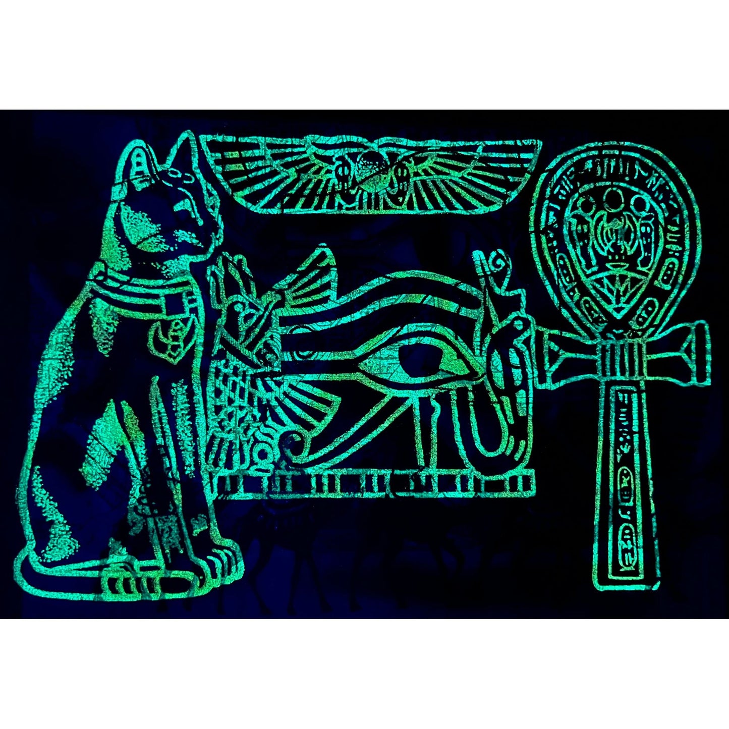 Nefertiti Bastet, and Tutankhamun on Antiqued Papyrus, Glow in the Dark Brown Papyrus - 17x13 Inches