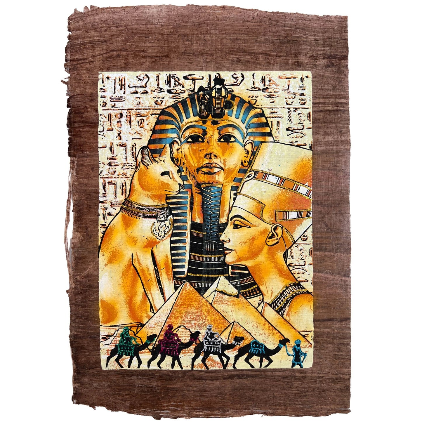 Bastet, Tutankhamun and Nefertiti on Antiqued Papyrus, Glow in Dark Rare Painting - 13x17 Inches