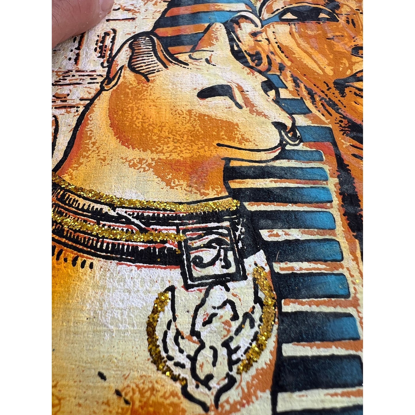 Bastet, Tutankhamun and Nefertiti on Antiqued Papyrus, Glow in Dark Rare Painting - 13x17 Inches