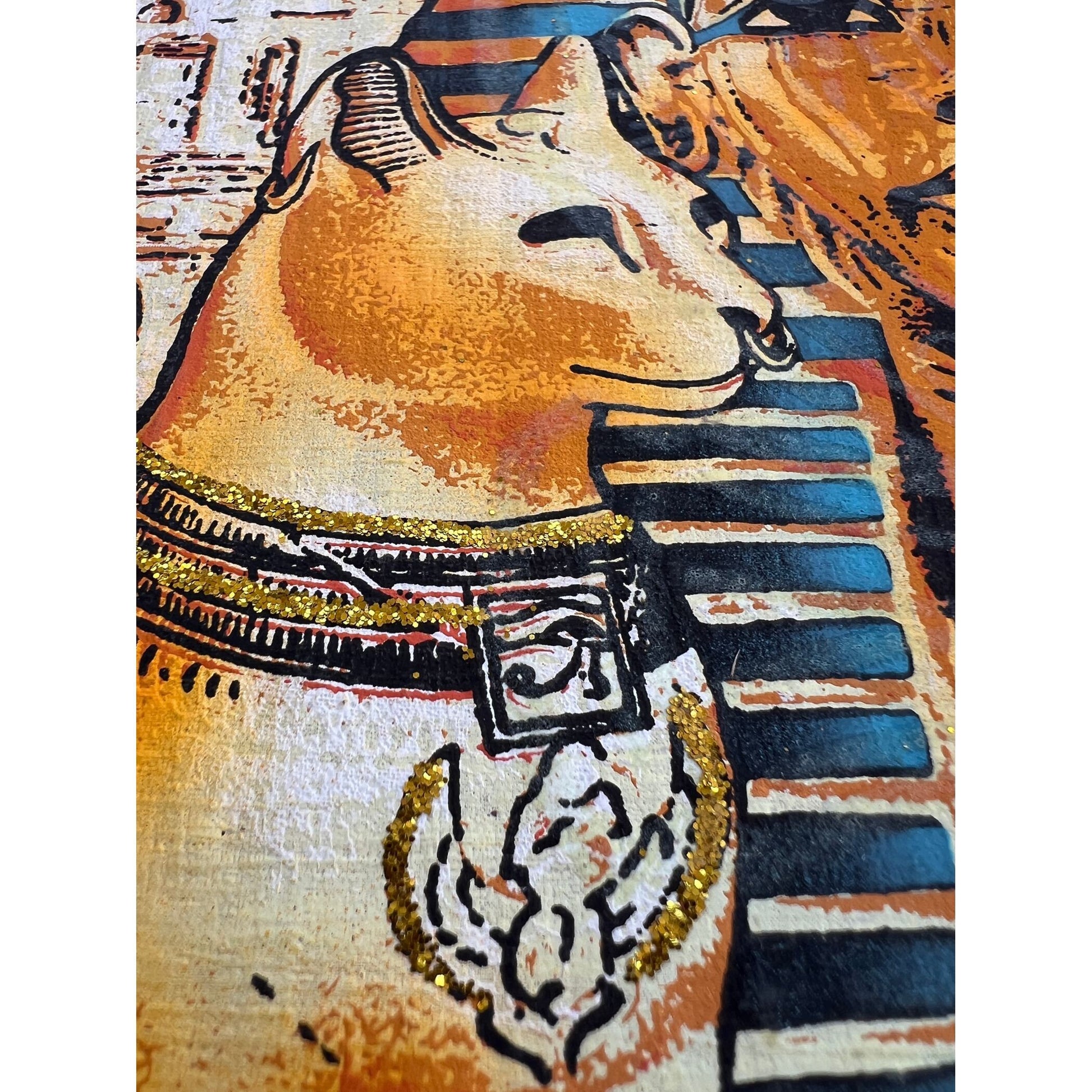 Bastet, Tutankhamun and Nefertiti on Antiqued Papyrus, Glow in Dark Rare Painting - 13x17 Inches