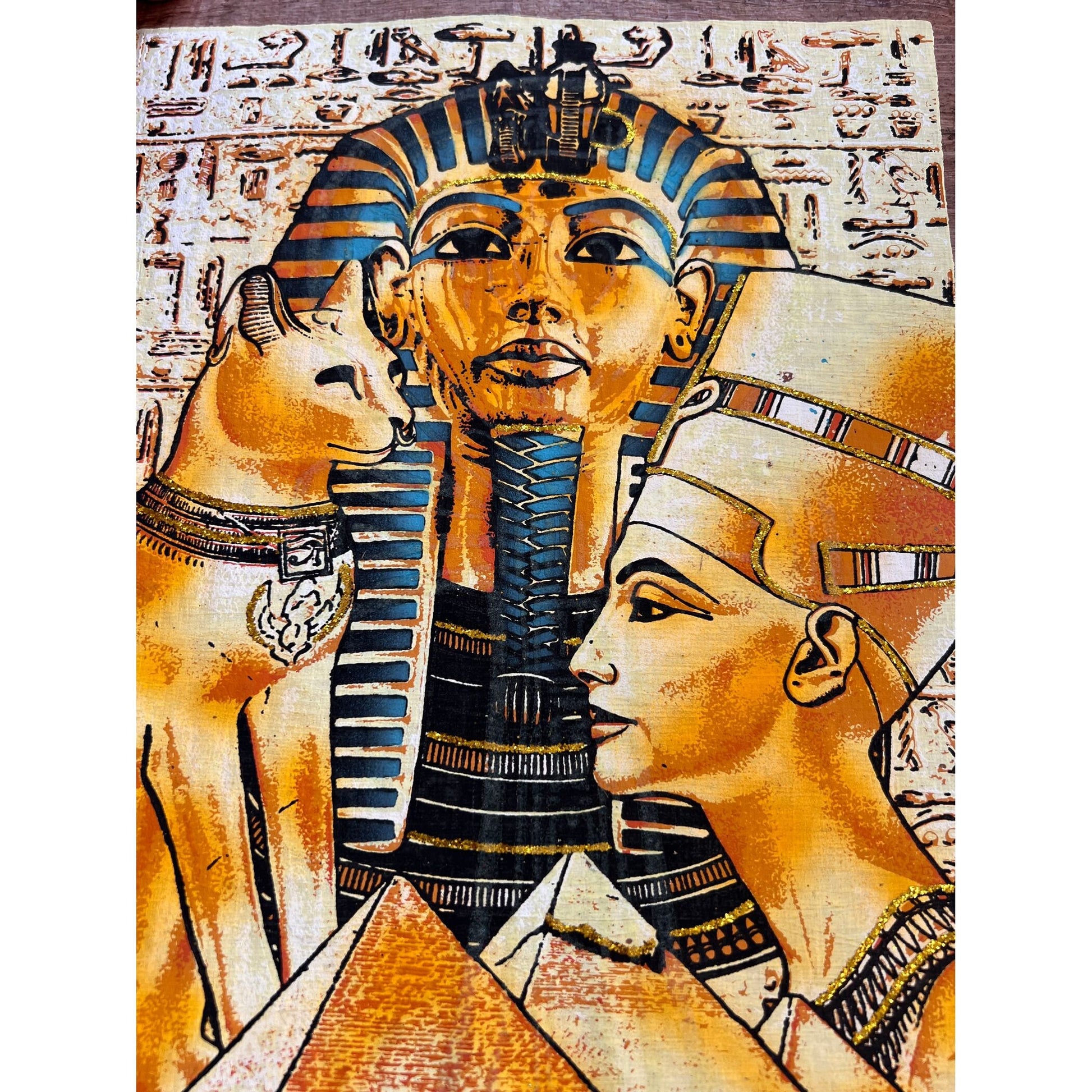 Bastet, Tutankhamun and Nefertiti on Antiqued Papyrus, Glow in Dark Rare Painting - 13x17 Inches