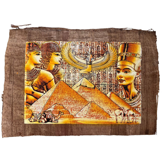 Isis and Nefertiti on Antiqued Papyrus, Glow in Dark Unique Painting - 17x13 Inches