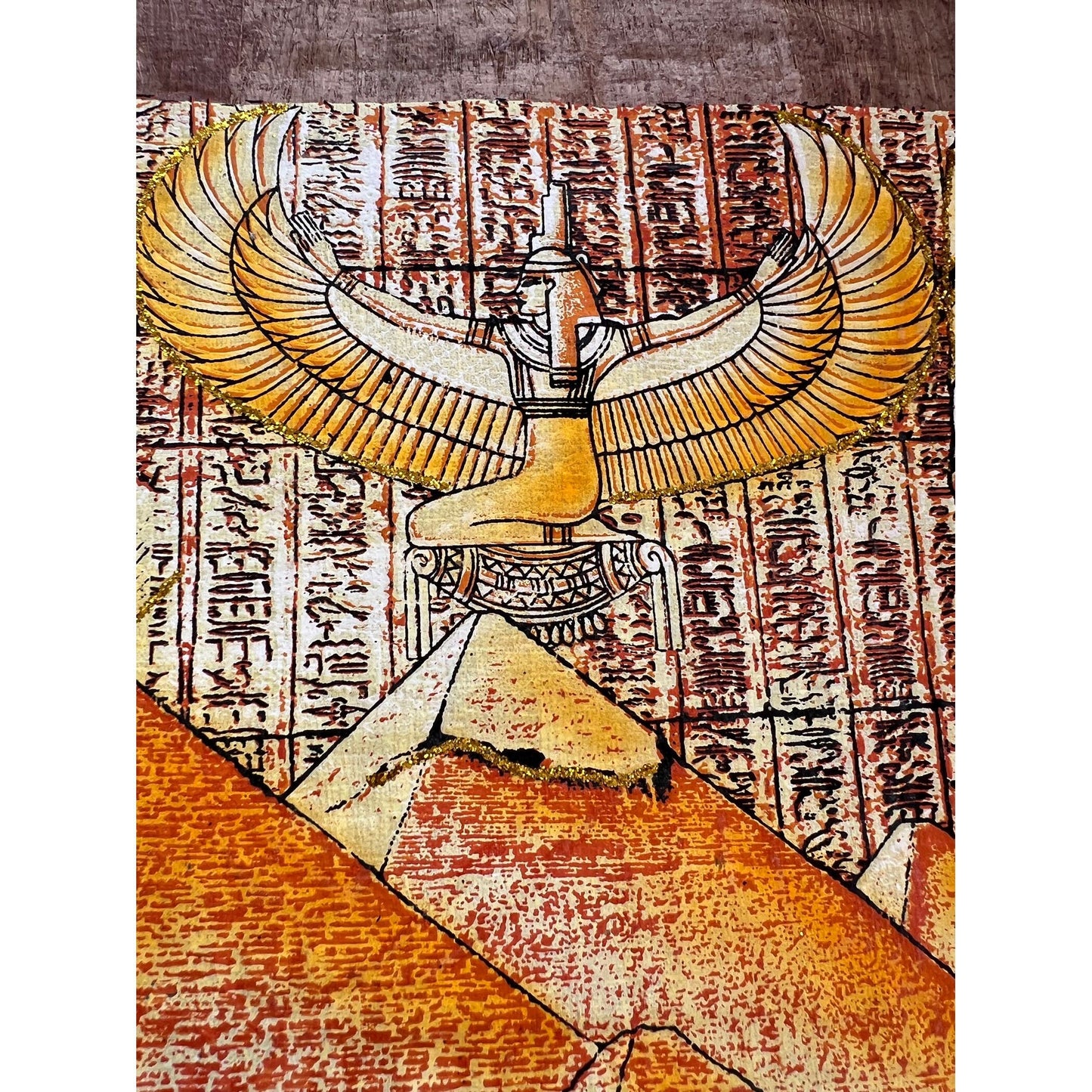 Isis and Nefertiti on Antiqued Papyrus, Glow in Dark Unique Painting - 17x13 Inches