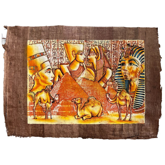 Nefertiti and Tutankhamun on Antiqued Papyrus, Glow in the Dark Vintage Painting - 17x13 Inches