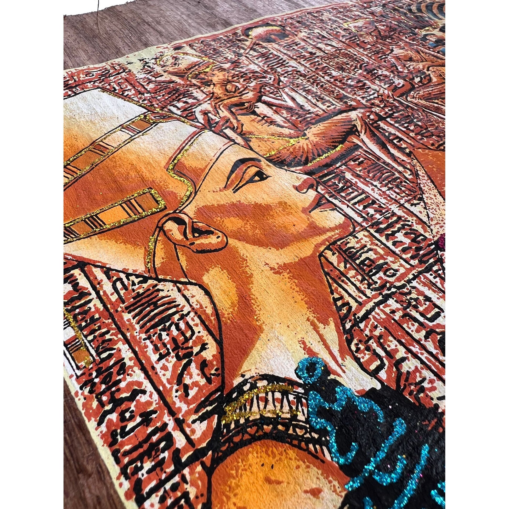 Nefertiti and Tutankhamun on Antiqued Papyrus, Glow in the Dark Brown Papyrus - 17x13 Inches