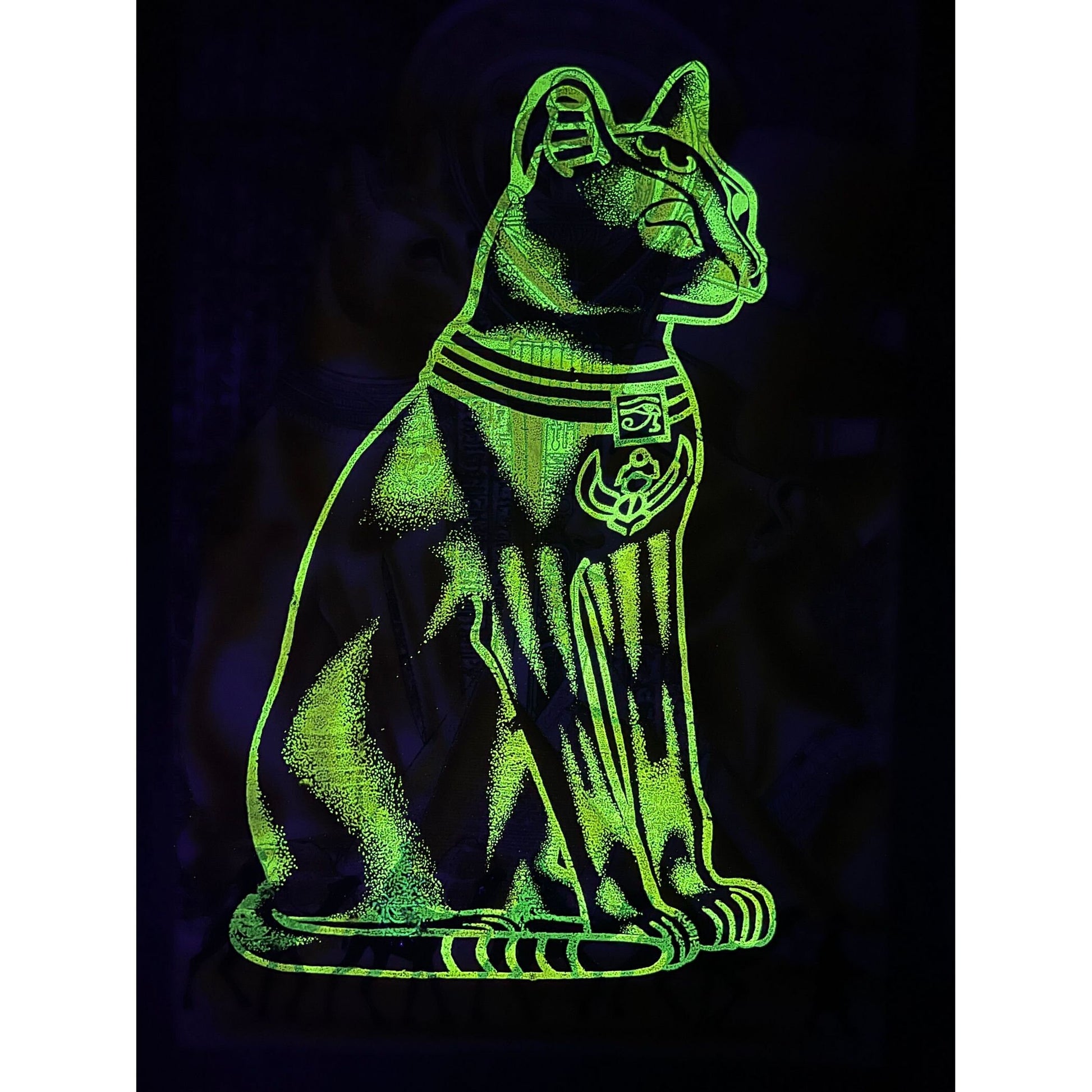 Bastet and Nefertity on Antiqued Papyrus, Vintage Painting, Glow in the Dark - 25x36 inches, 63x93 cm