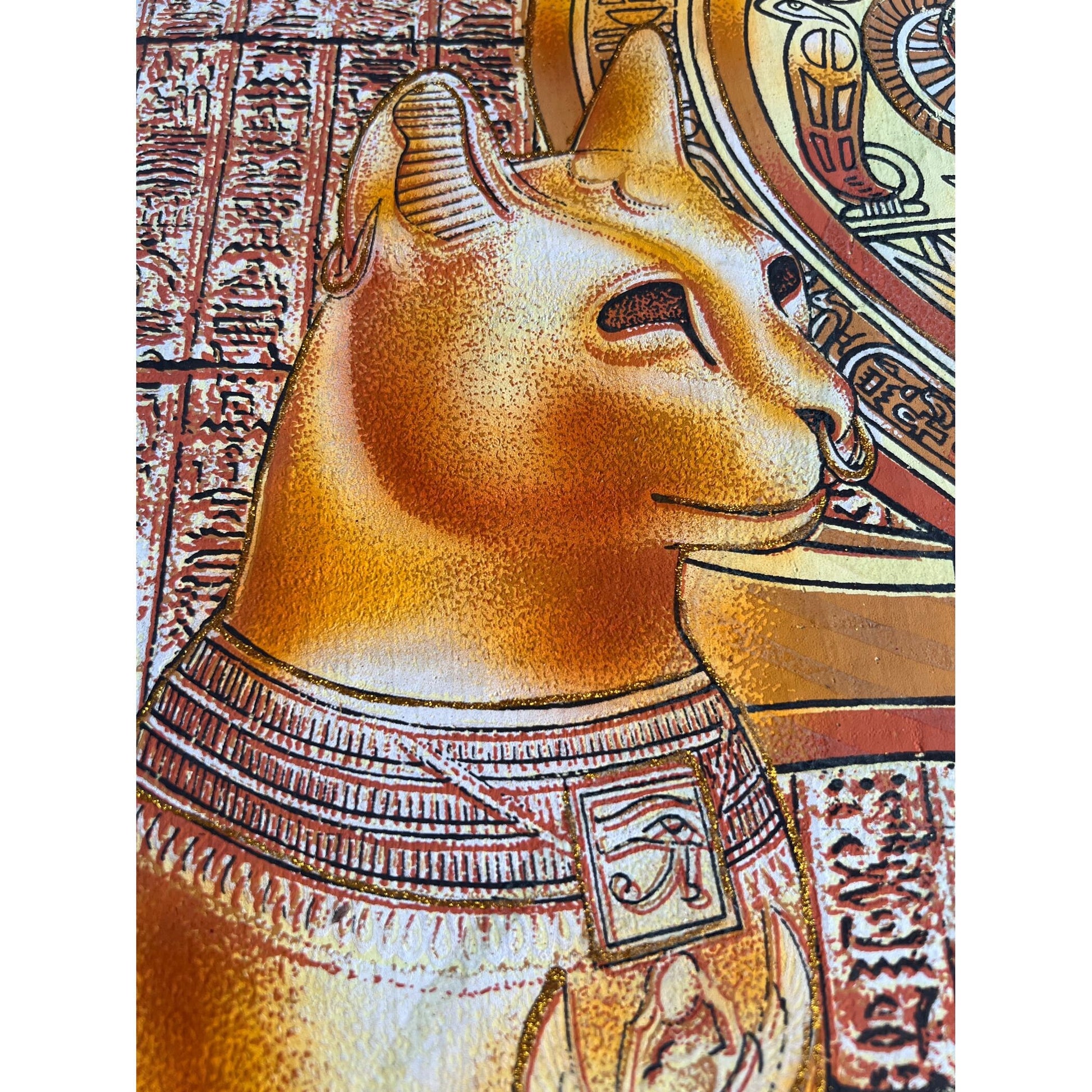 Bastet and Nefertity on Antiqued Papyrus, Vintage Painting, Glow in the Dark - 25x36 inches, 63x93 cm