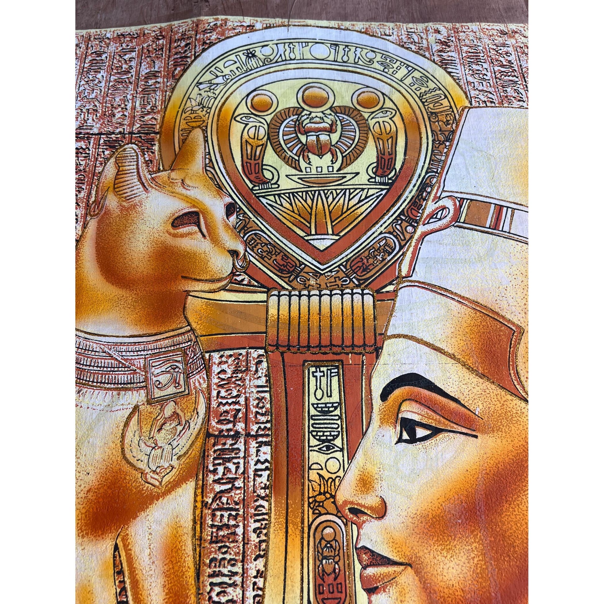 Bastet and Nefertity on Antiqued Papyrus, Vintage Painting, Glow in the Dark - 25x36 inches, 63x93 cm