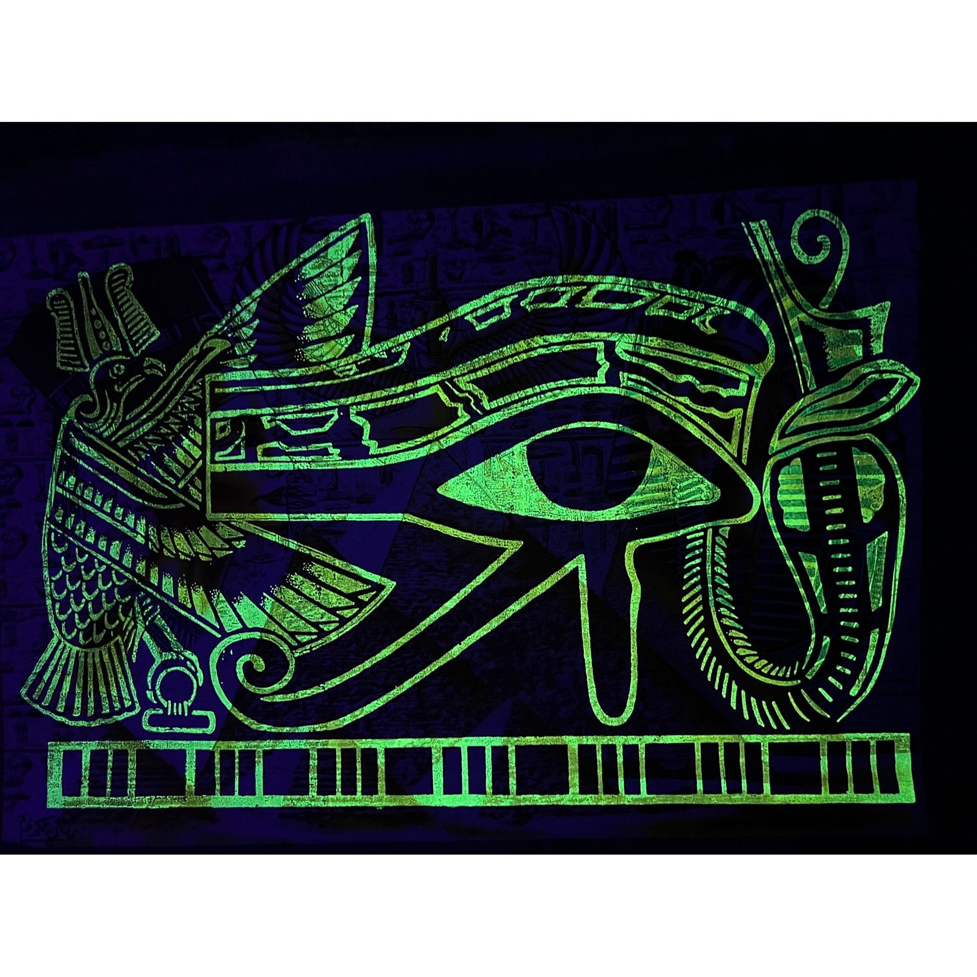 Nefertity, Tutankhanum and Bastet on Antiqued Papyrus, Limited Edition Painting, Glow in the Dark - 36x25 inches, 93x63 cm