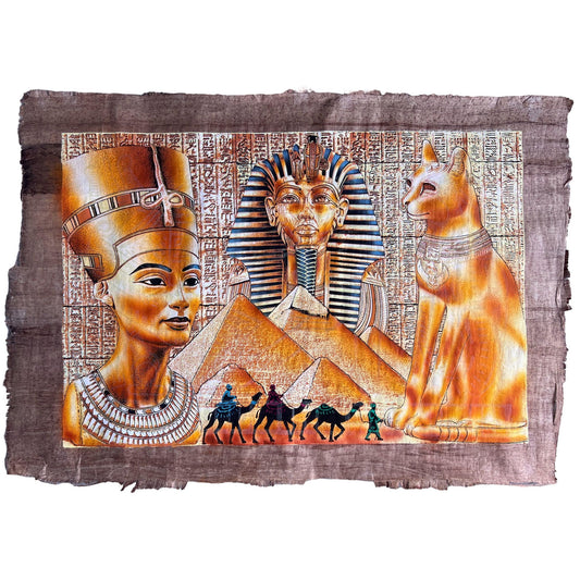 Nefertity, Tutankhanum and Bastet on Antiqued Papyrus, Limited Edition Painting, Glow in the Dark - 36x25 inches, 93x63 cm