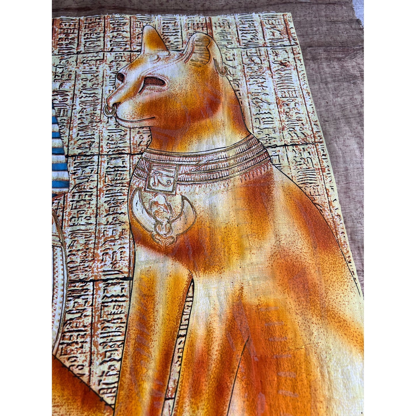 Nefertity, Tutankhanum and Bastet on Antiqued Papyrus, Limited Edition Painting, Glow in the Dark - 36x25 inches, 93x63 cm