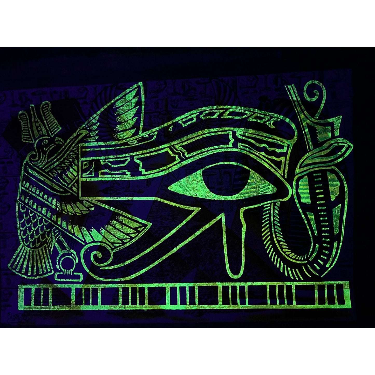 Nefertity, Pyramids and Tut on Antiqued Papyrus, Rare Painting, Glow in the Dark - 36x25 inches, 93x63 cm