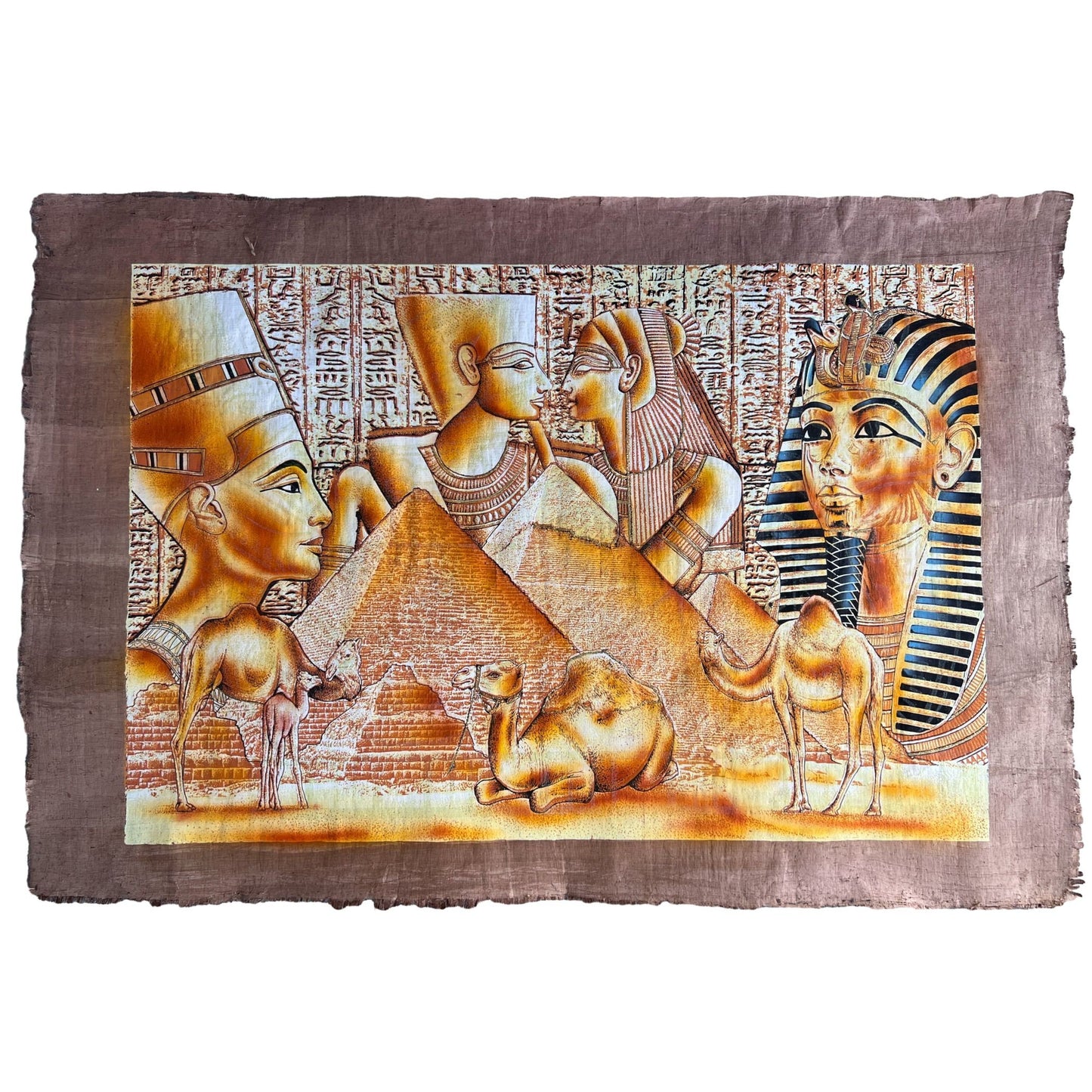 Nefertity, Pyramids and Tut on Antiqued Papyrus, Rare Painting, Glow in the Dark - 36x25 inches, 93x63 cm