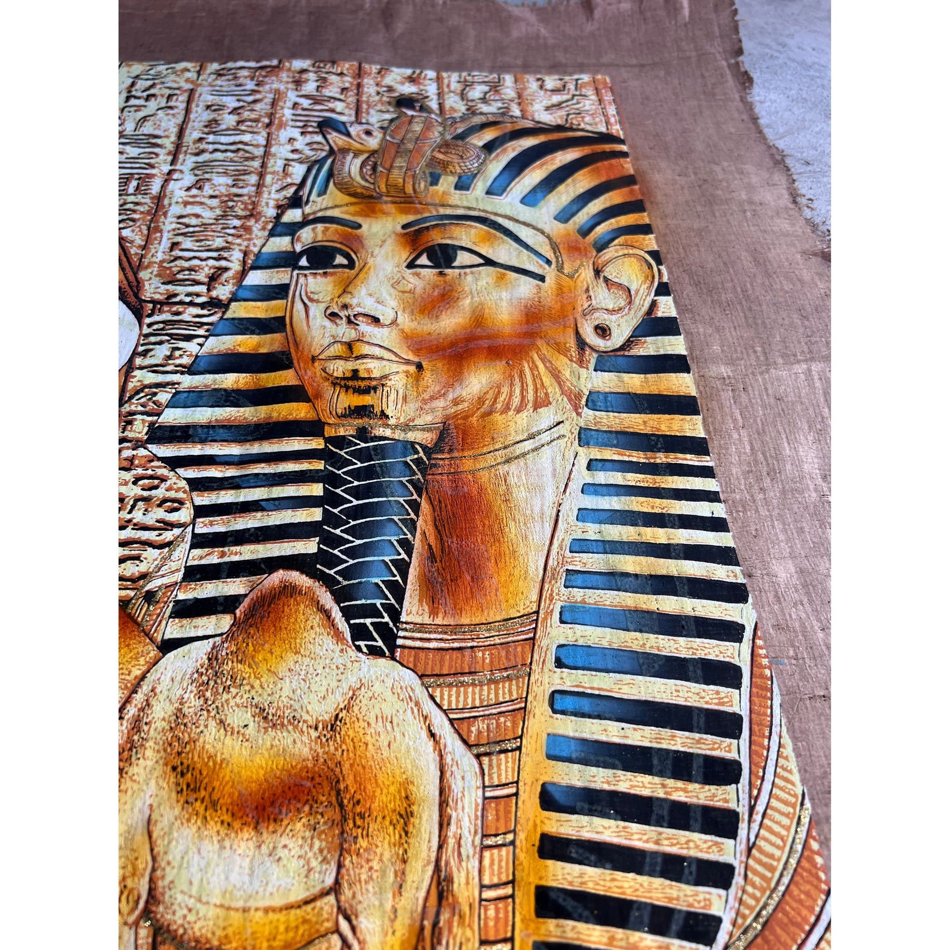 Nefertity, Pyramids and Tut on Antiqued Papyrus, Rare Painting, Glow in the Dark - 36x25 inches, 93x63 cm