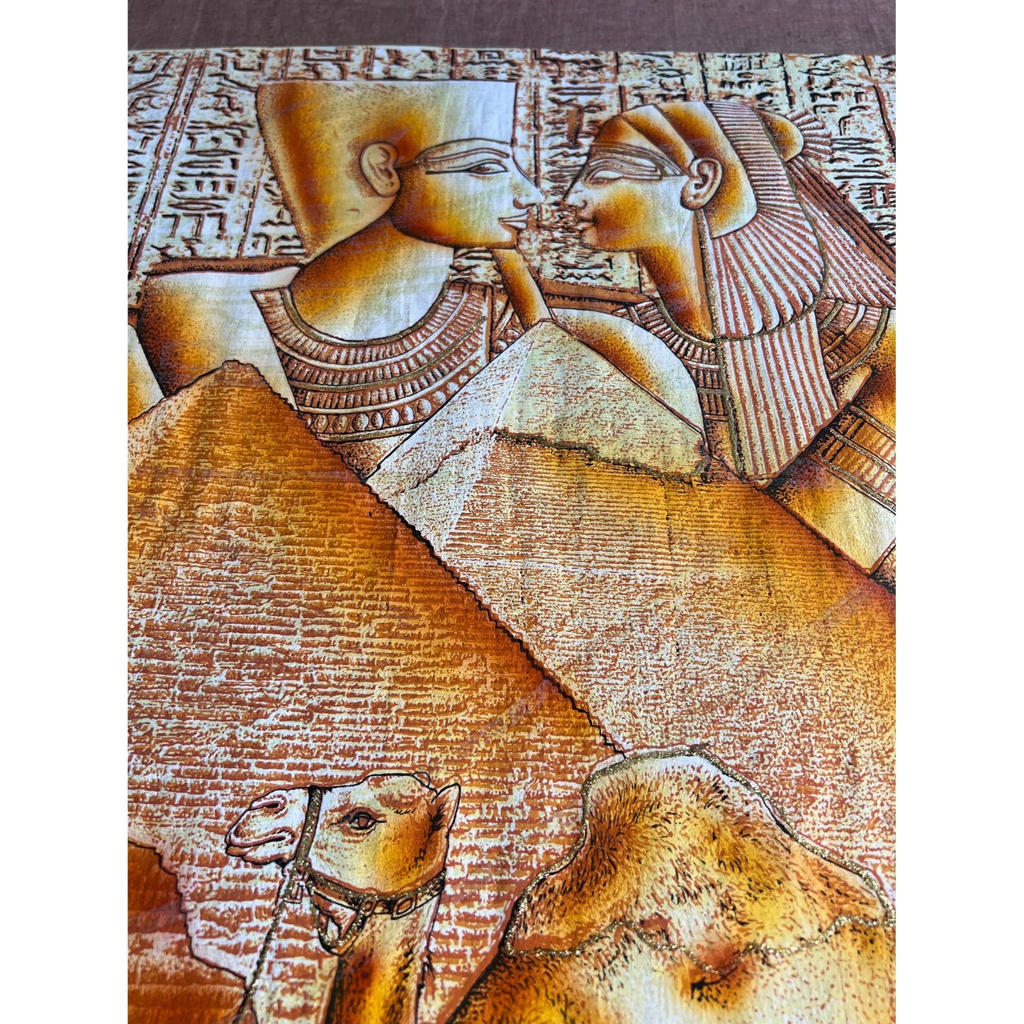 Nefertity, Pyramids and Tut on Antiqued Papyrus, Rare Painting, Glow in the Dark - 36x25 inches, 93x63 cm