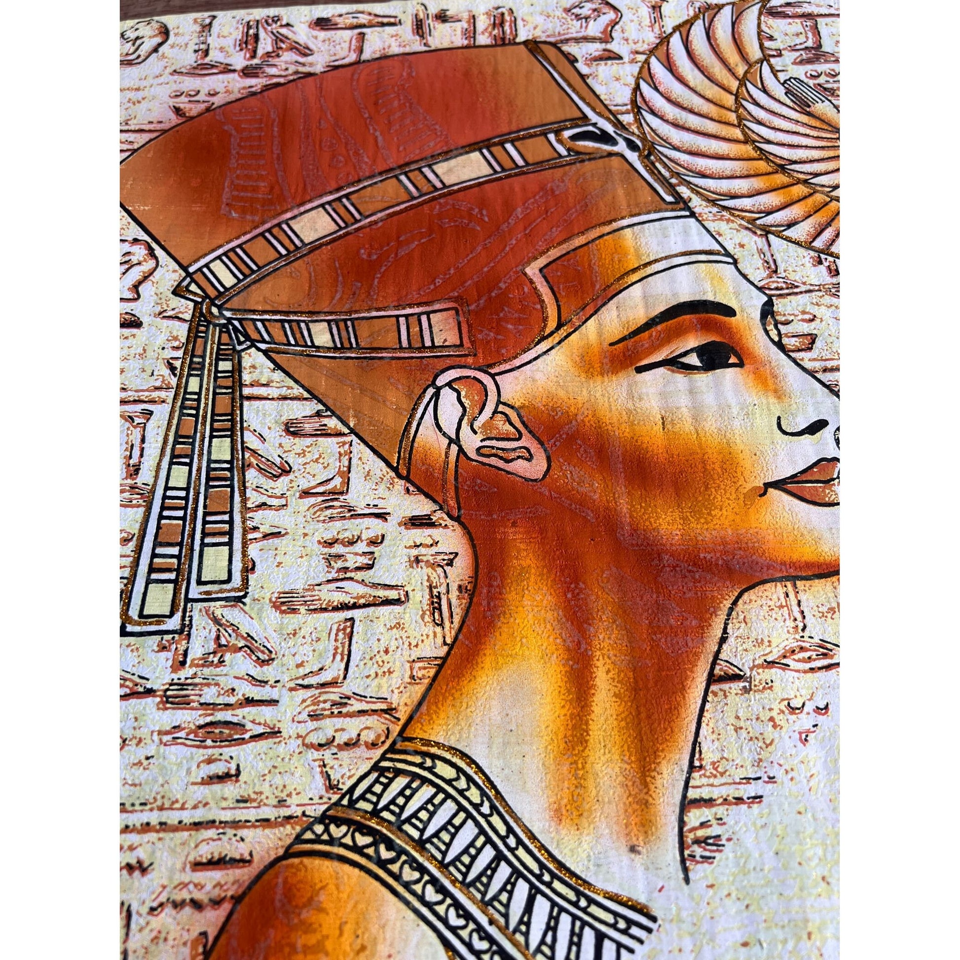 Nefertity, Goddess Isis and Tut on Antiqued Papyrus, Unique Painting, Glow in the Dark - 36x25 inches, 93x63 cm