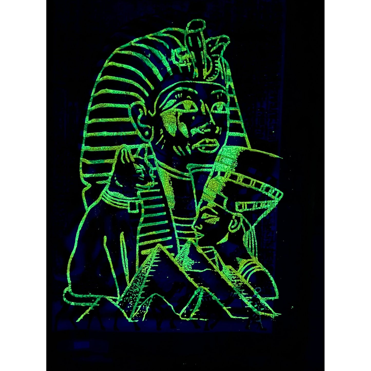 Nefertiti Bastet and Tutankhamun on Antiqued Papyrus, Glow in Dark Rare Painting - 17X24 Inches, 30x60 cm