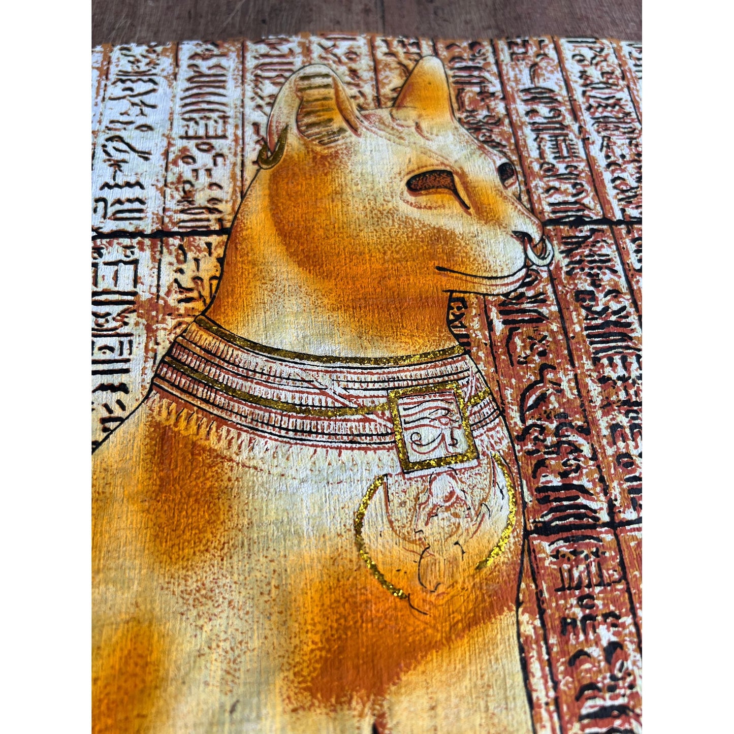 Nefertiti Bastet and Tutankhamun on Antiqued Papyrus, Glow in Dark Rare Painting - 17X24 Inches, 30x60 cm