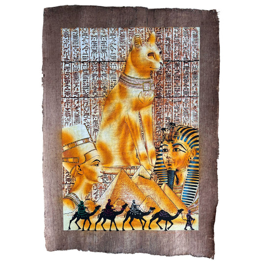 Nefertiti Bastet and Tutankhamun on Antiqued Papyrus, Glow in Dark Rare Painting - 17X24 Inches, 30x60 cm