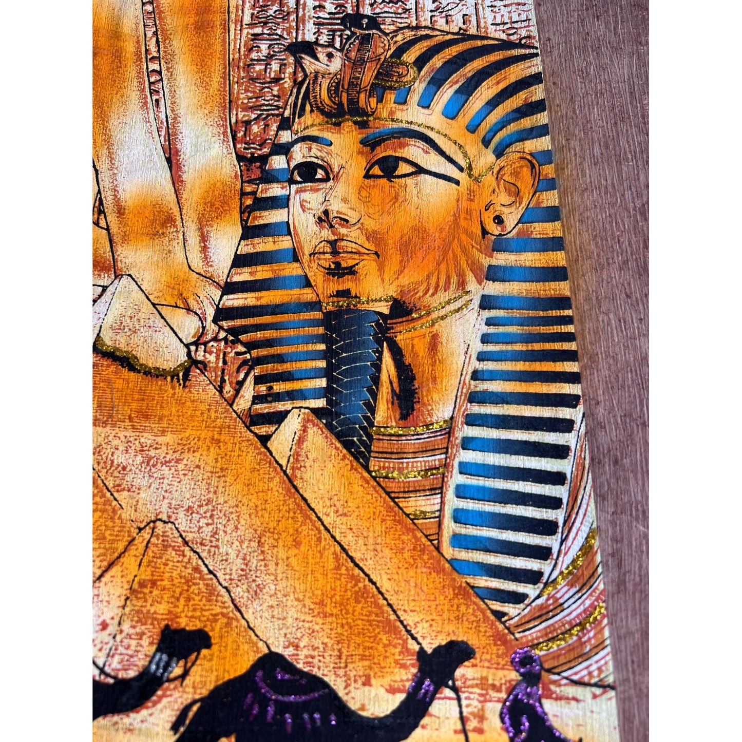 Nefertiti Bastet and Tutankhamun on Antiqued Papyrus, Glow in Dark Rare Painting - 17X24 Inches, 30x60 cm