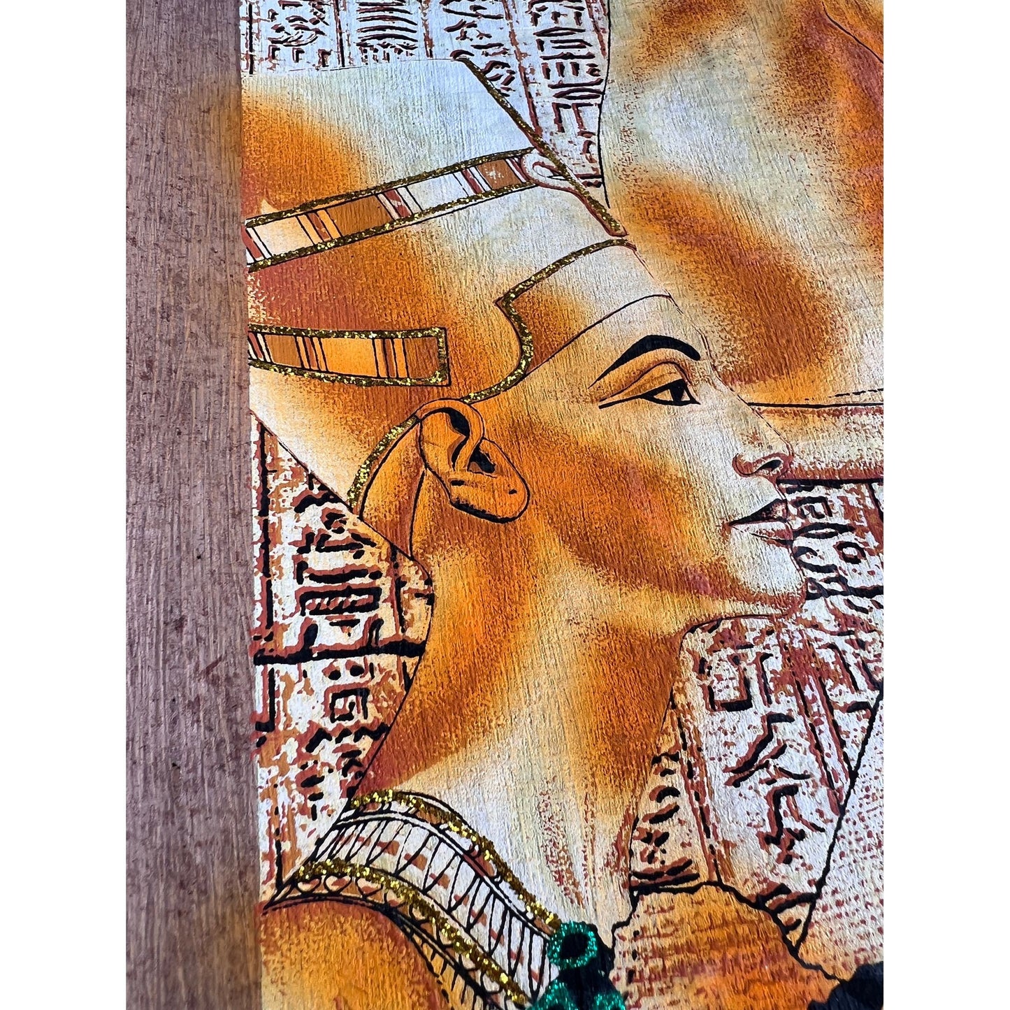 Nefertiti Bastet and Tutankhamun on Antiqued Papyrus, Glow in Dark Rare Painting - 17X24 Inches, 30x60 cm