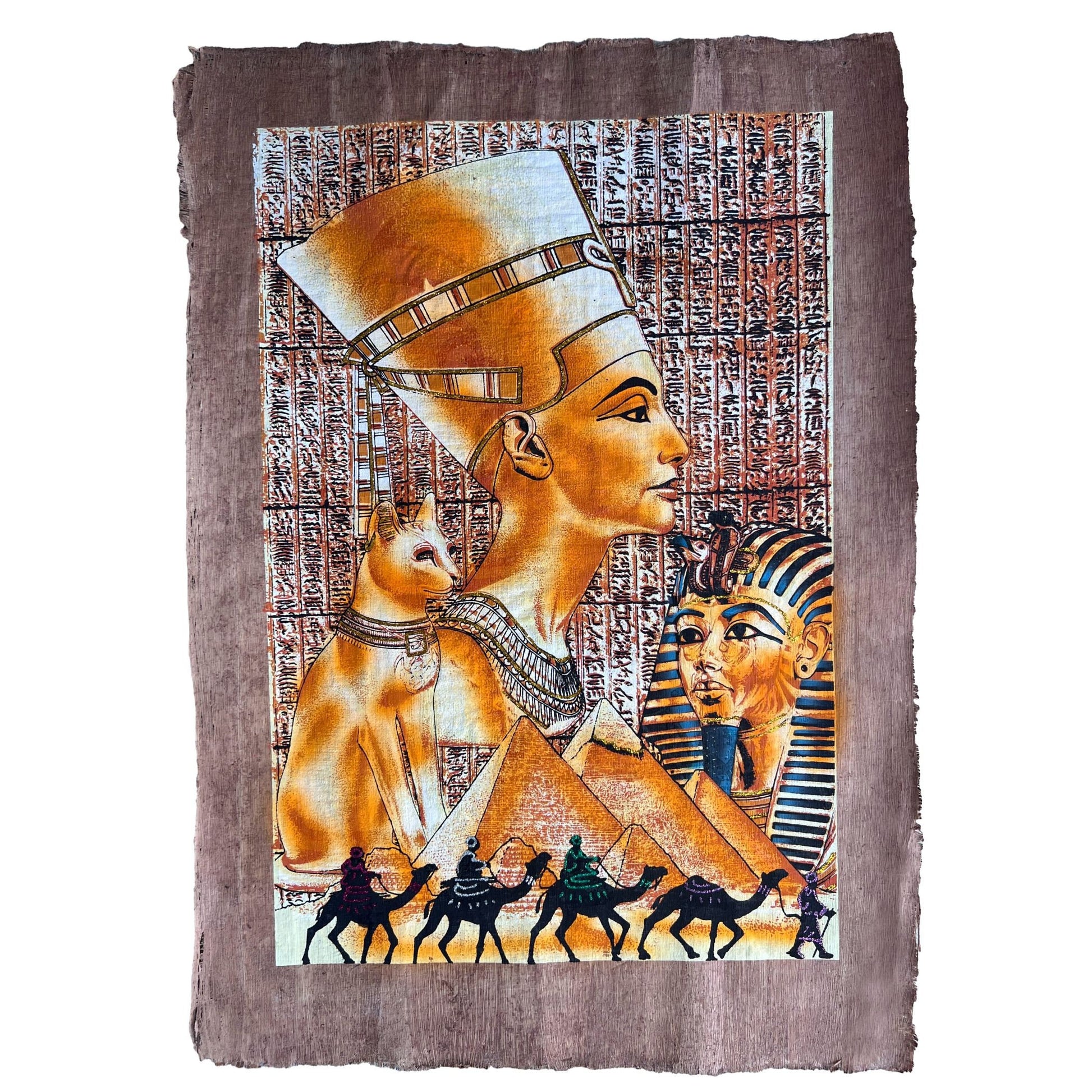 Bastet, Nefertiti and Tutankhamun on Antiqued Papyrus, Glow in Dark Unique Painting - 17X24 Inches, 30x60 cm