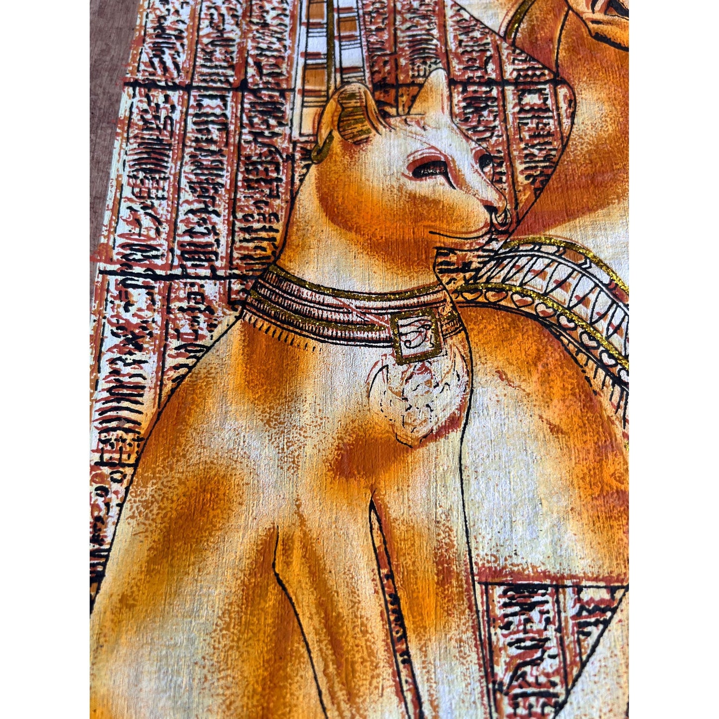 Bastet, Nefertiti and Tutankhamun on Antiqued Papyrus, Glow in Dark Unique Painting - 17X24 Inches, 30x60 cm