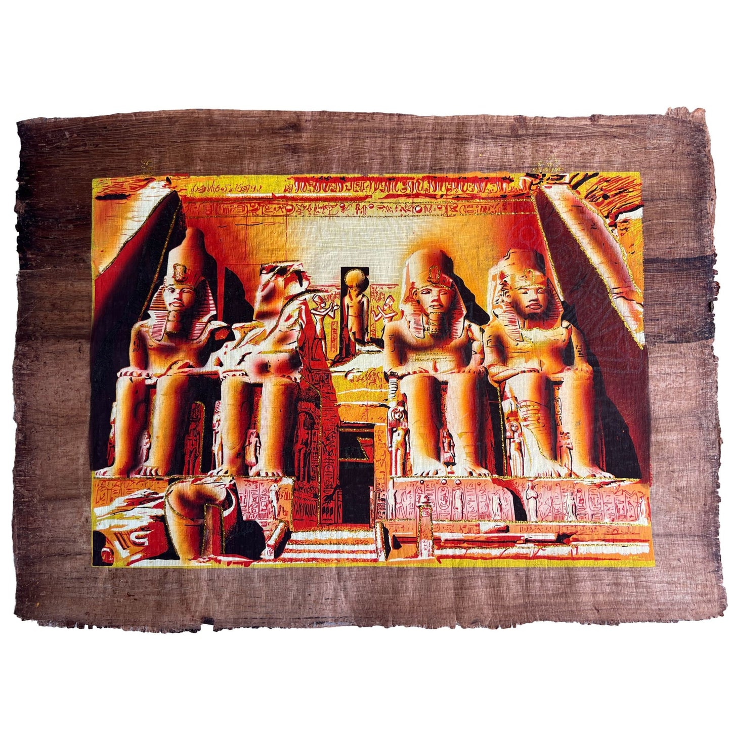 The Great Temple of Abu Simbel on Antiqued Papyrus, Glow in the Dark Vintage Painting - 24x17 Inches, 60x30 cm