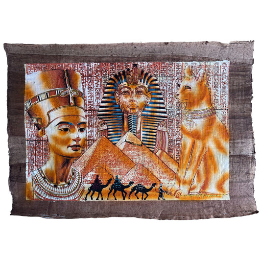 Nefertiti, Tutankhamun and Bastet on Antiqued Papyrus, Glow in the Dark Brown Papyrus - 24x17 Inches, 60x30 cm