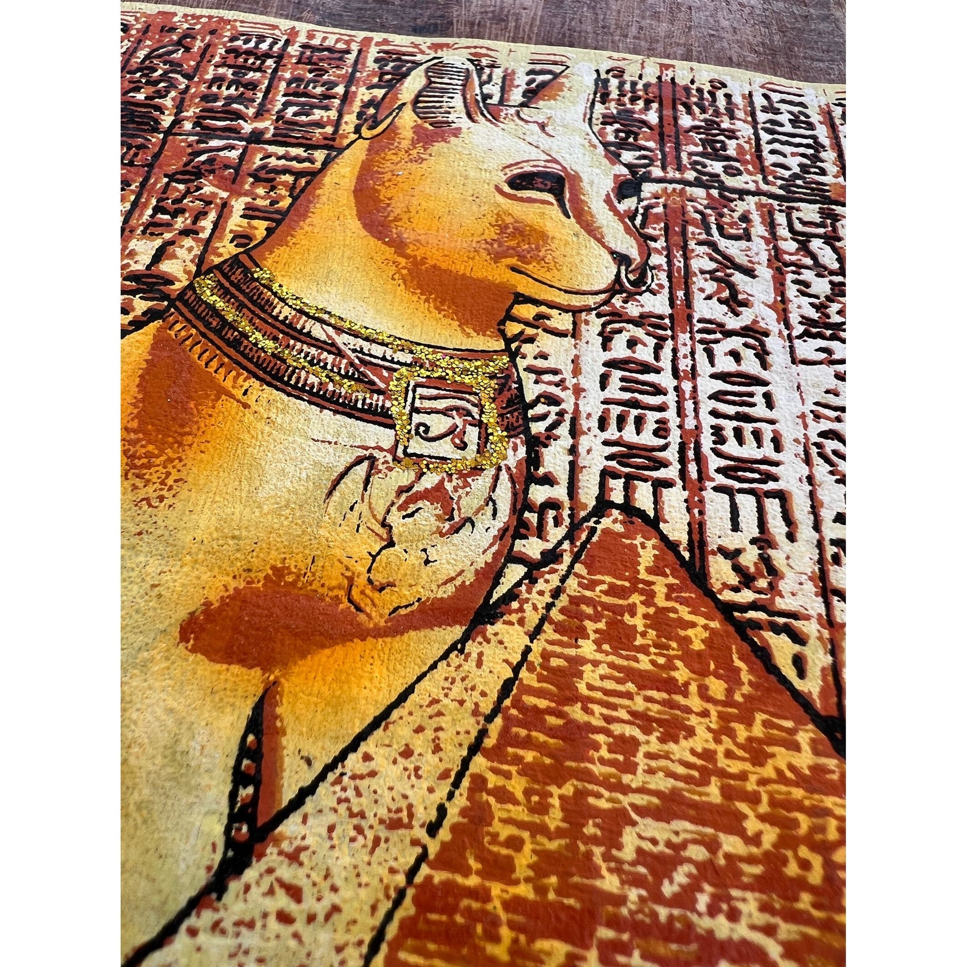 Nefertiti Bastet, and Tutankhamun on Antiqued Papyrus, Glow in the Dark Brown Papyrus - 17x13 Inches