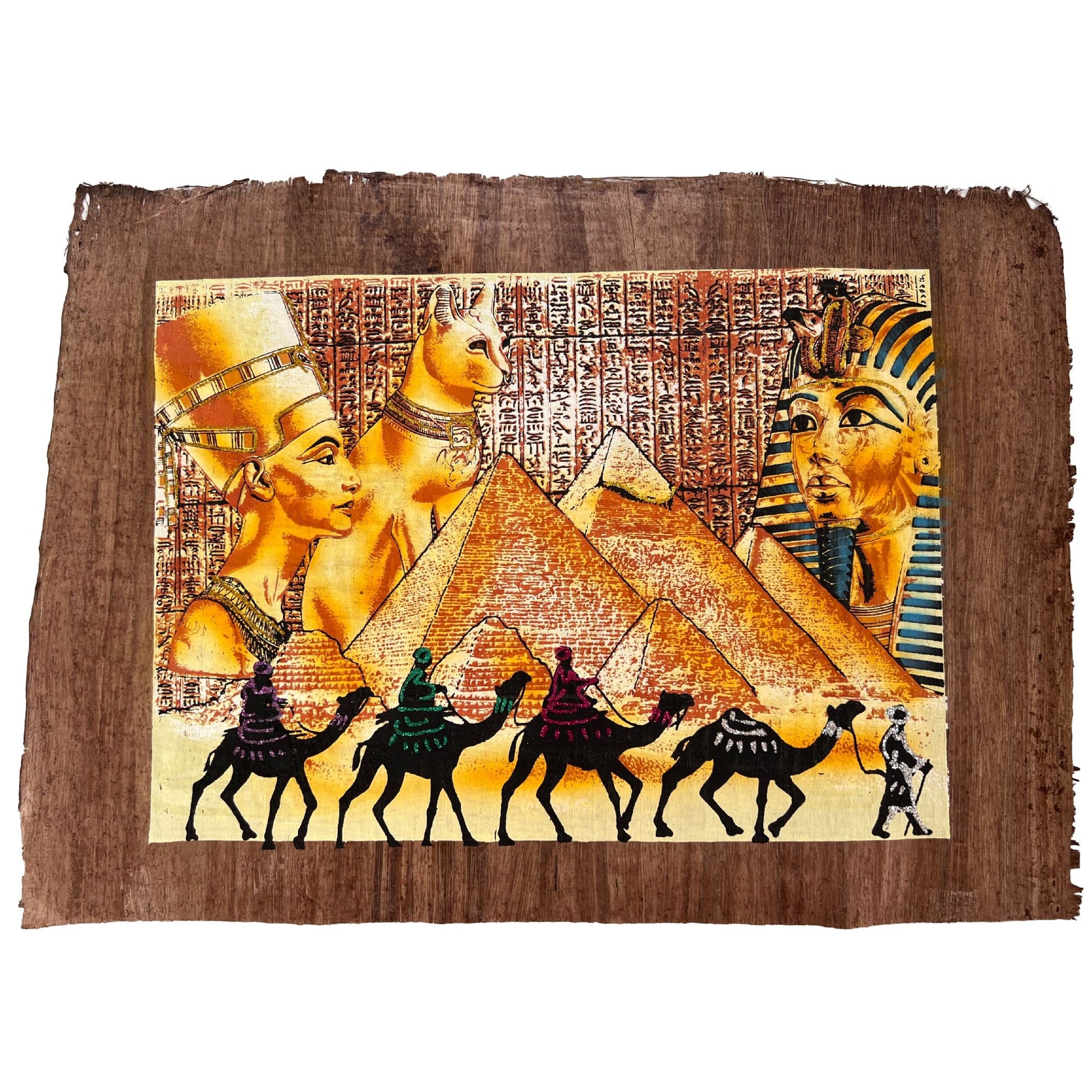 Nefertiti Bastet, and Tutankhamun on Antiqued Papyrus, Glow in the Dark Brown Papyrus - 17x13 Inches