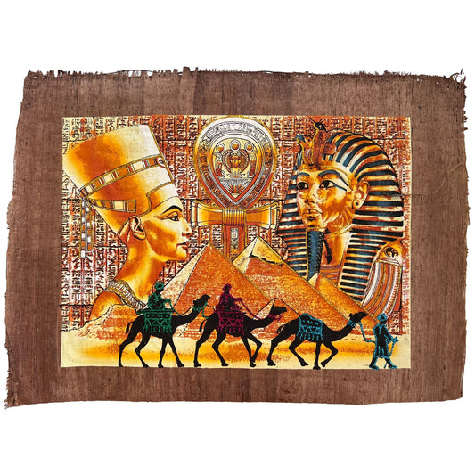 Nefertiti Ankh, and Tutankhamun on Antiqued Papyrus, Brown Papyrus, Glow in Dark - 17x13 Inches