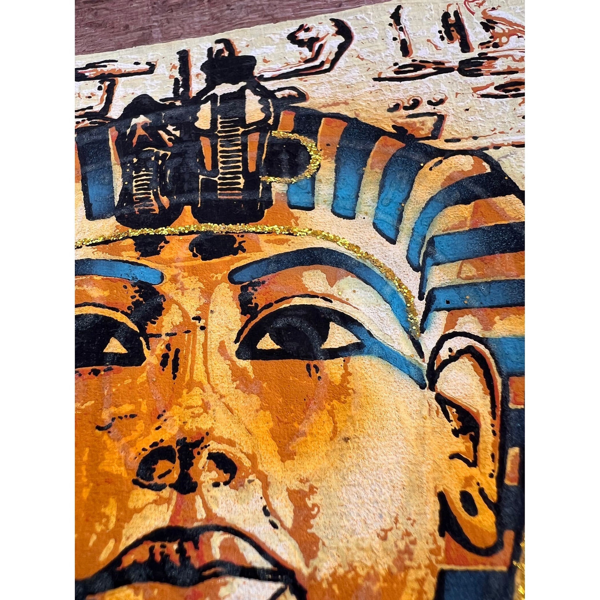 Bastet, Tutankhamun and Nefertiti on Antiqued Papyrus, Glow in Dark Rare Painting - 13x17 Inches