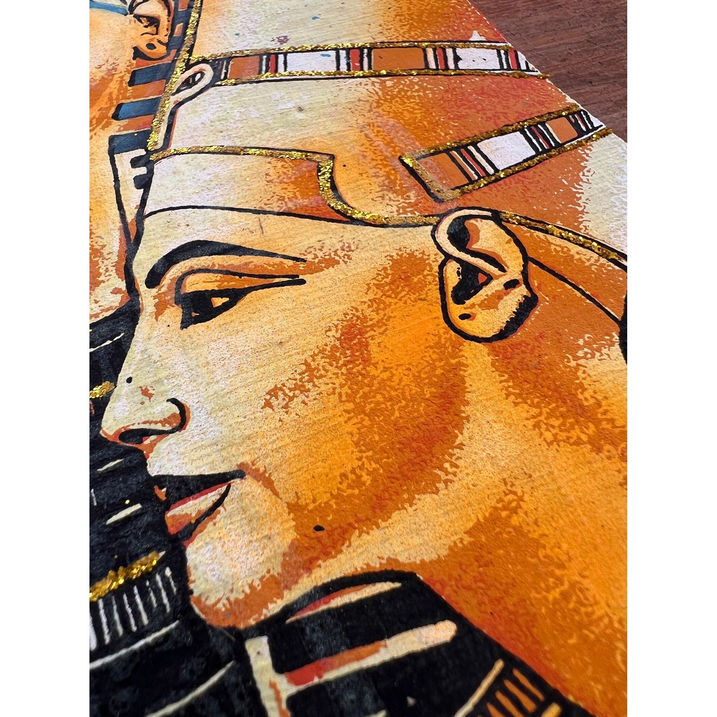 Bastet, Tutankhamun and Nefertiti on Antiqued Papyrus, Glow in Dark Rare Painting - 13x17 Inches