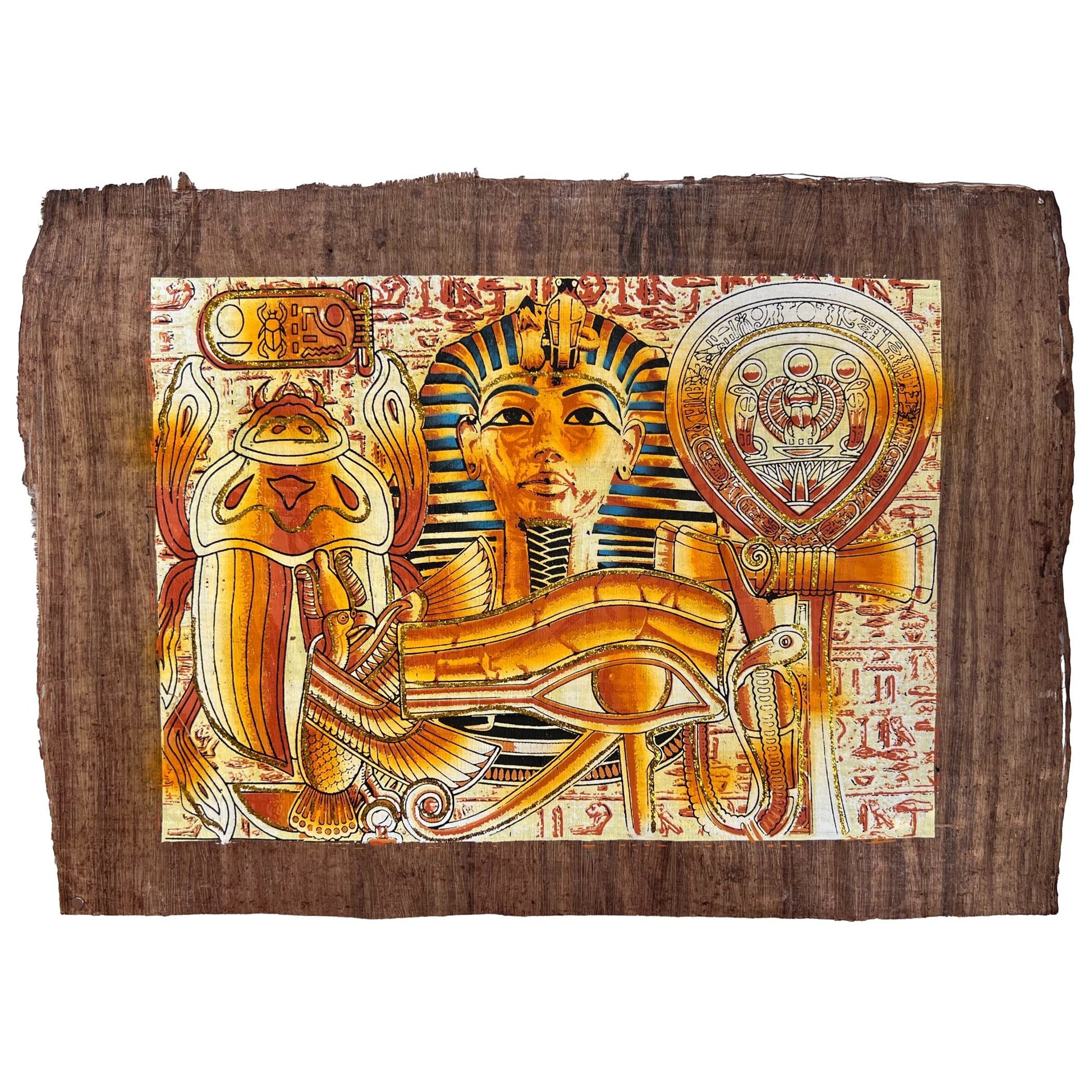 Scarab, Eye of Horus, Tutankhamun and Ankh on Antiqued Papyrus, Glow in the Dark Brown Papyrus - 17x13 Inches