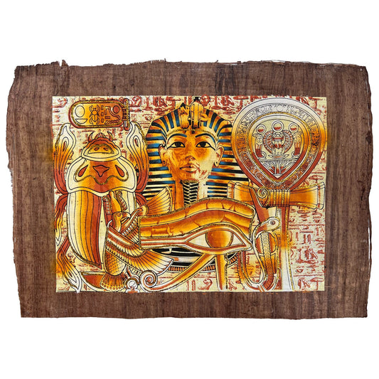 Scarab, Eye of Horus, Tutankhamun and Ankh on Antiqued Papyrus, Glow in the Dark Brown Papyrus - 17x13 Inches