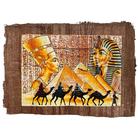 Nefertiti and Tutankhamun on Antiqued Papyrus, Glow in the Dark Brown Papyrus - 17x13 Inches