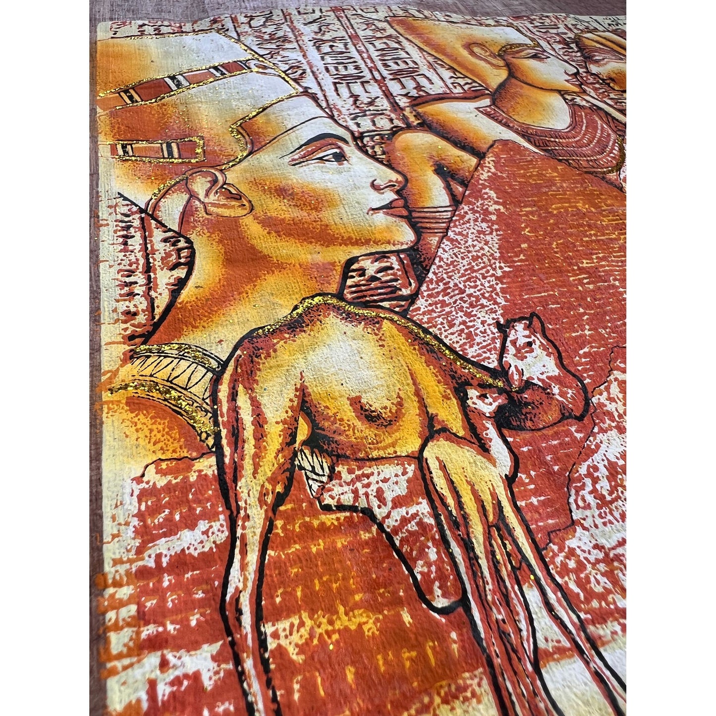 Nefertiti and Tutankhamun on Antiqued Papyrus, Glow in the Dark Vintage Painting - 17x13 Inches