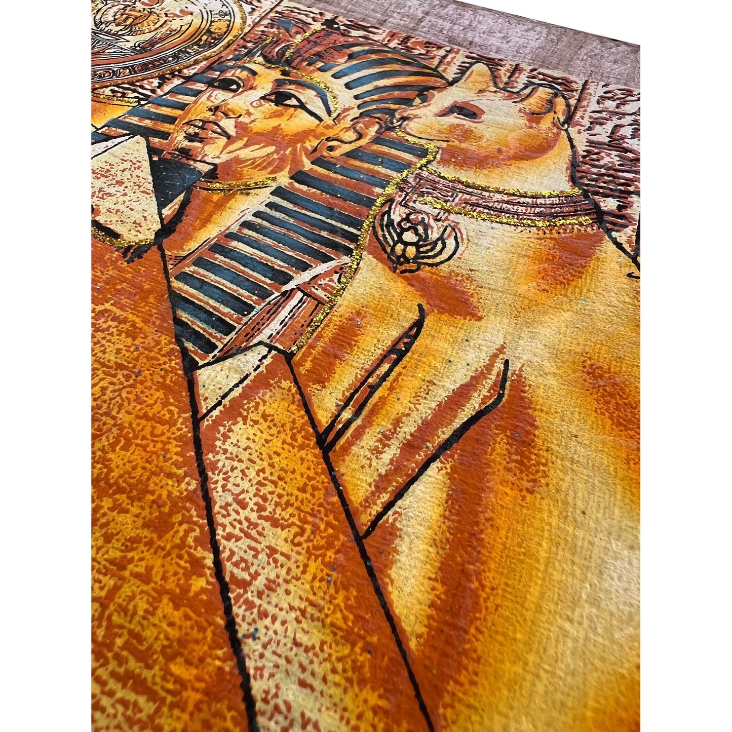 Bastet Nefertiti Ankh and Tutankhamun on Antiqued Papyrus, Glow in Dark Unique Painting - 17x13 Inches