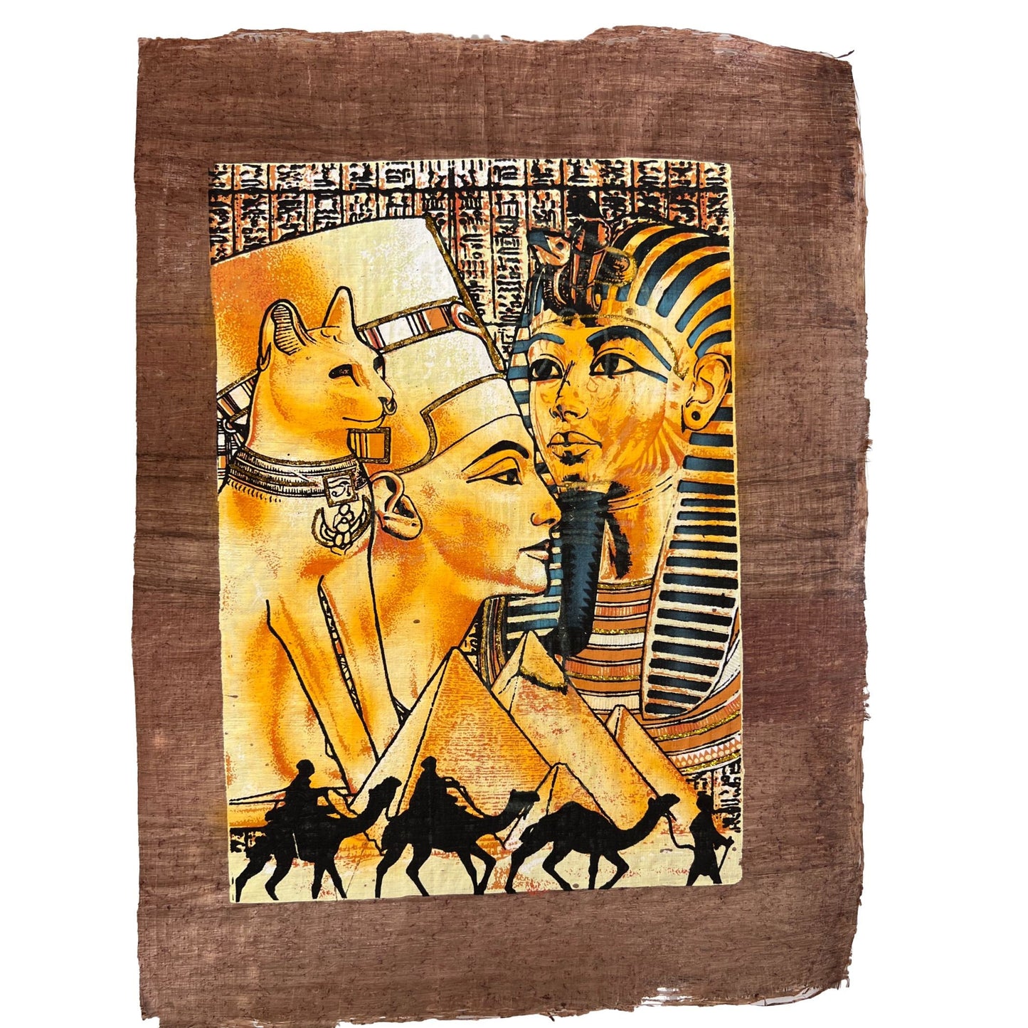 Bastet, Nefertiti and Tutankhamun on Antiqued Papyrus, Brown Papyrus, Glow in Dark - 13x17 Inches