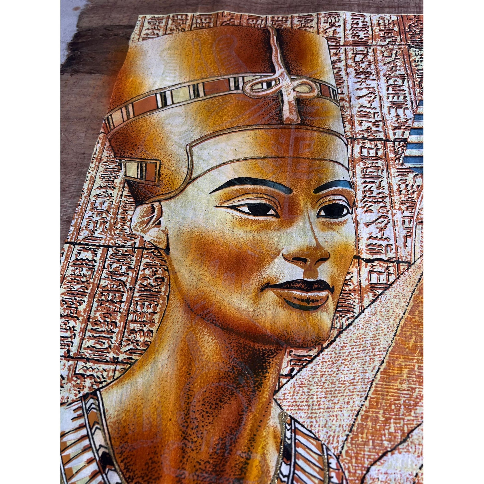 Nefertity, Tutankhanum and Bastet on Antiqued Papyrus, Limited Edition Painting, Glow in the Dark - 36x25 inches, 93x63 cm