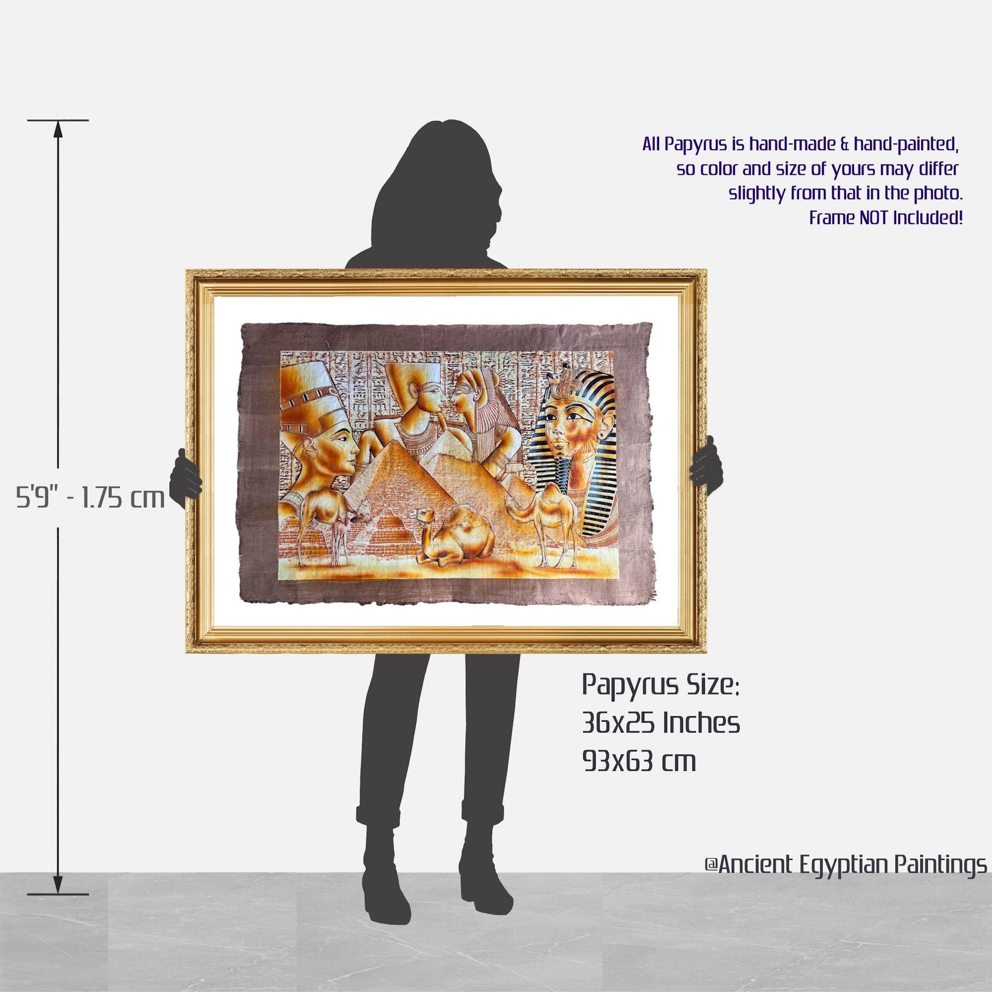 Nefertity, Pyramids and Tut on Antiqued Papyrus, Rare Painting, Glow in the Dark - 36x25 inches, 93x63 cm