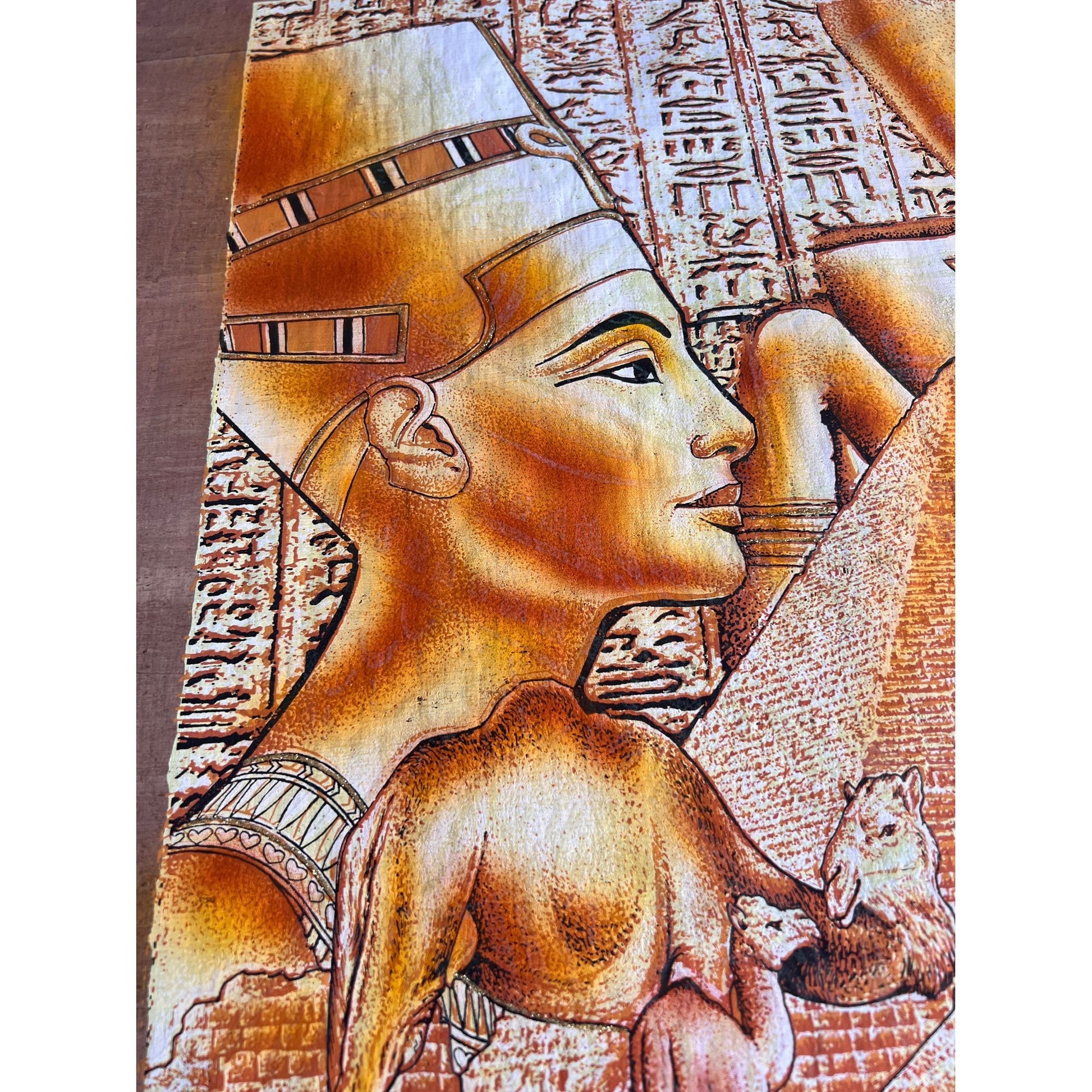 Nefertity, Pyramids and Tut on Antiqued Papyrus, Rare Painting, Glow in the Dark - 36x25 inches, 93x63 cm