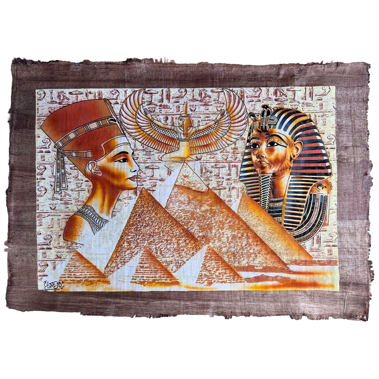 Nefertity, Goddess Isis and Tut on Antiqued Papyrus, Unique Painting, Glow in the Dark - 36x25 inches, 93x63 cm