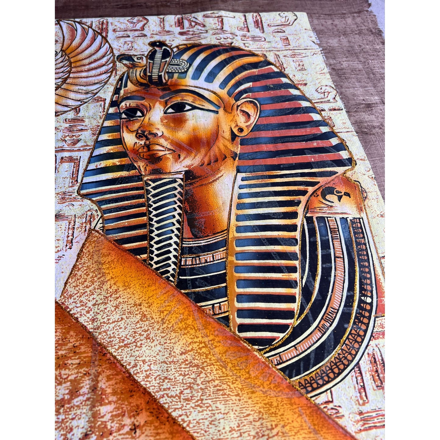 Nefertity, Goddess Isis and Tut on Antiqued Papyrus, Unique Painting, Glow in the Dark - 36x25 inches, 93x63 cm