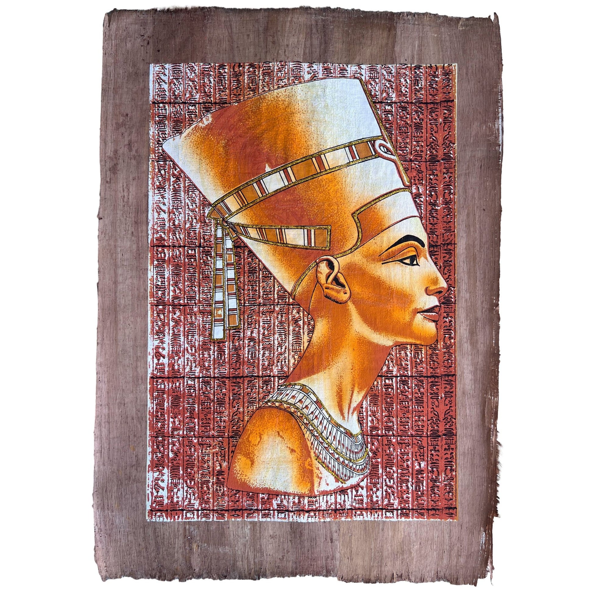 Portrait of Nefertity on Antiqued Papyrus, Brown Papyrus, Glow in Dark - 17X24 Inches, 30x60 cm